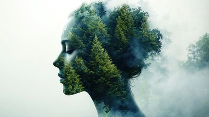 silhouette profile with lush evergreen trees forming hair in misty fog, serene contemplative fusion of human and forest