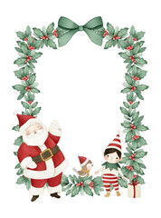 Watercolor Christmas rectangular frame for kids on white background with Santa Claus, elf, gift, bird, and holly, for invitations, greeting cards, and holiday decoration