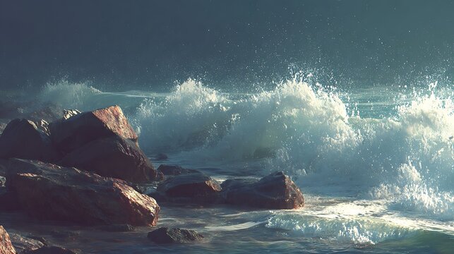 Powerful ocean waves crash against rugged coastal rocks, creating a dramatic and energetic seascape with frothy white spray under a moody sky