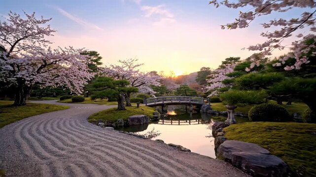 Zen garden with cherry blossoms at sunrise in springtime scene