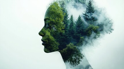 Profile silhouette filled with misty evergreen forest and floating foliage, conveying tranquil introspection and connection to nature
