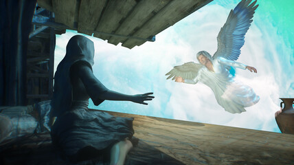 The Annunciation Mary and the angel 3d render, Christmas Angel announced the birth of the Messiah Christ
