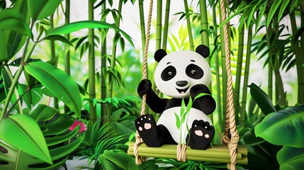 3D cute cartoon panda sitting on a bamboo swing