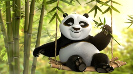 3D cute cartoon panda sitting on a bamboo swing
