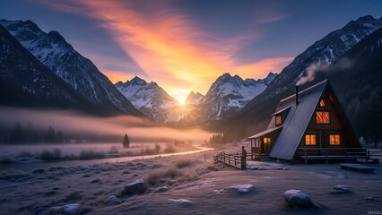 Alpine landscape with snowy mountains, vivid sunrise, and morning fog over a forest lake