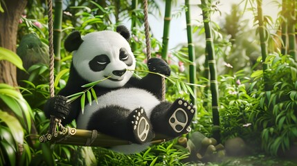 3D cute cartoon panda sitting on a bamboo swing