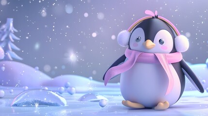 3D cute cartoon penguin wearing a scarf and earmuffs