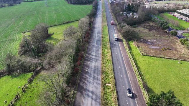 Aerial video of A8 Larne road, Ballymena Belfast road, Millbrook Larne Co Antrim Northern Ireland 14-03-25 