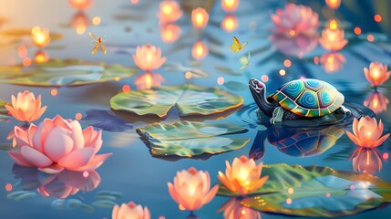 3D happy cartoon turtle with a patterned shell floating