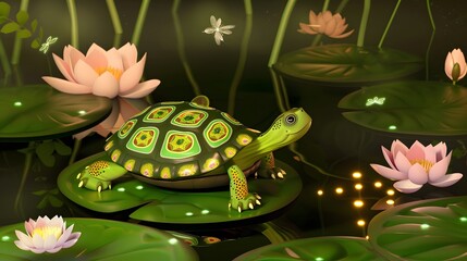 3D happy cartoon turtle with a patterned shell floating