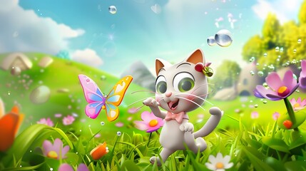 3D playful cartoon cat with big whiskers and a cute expression