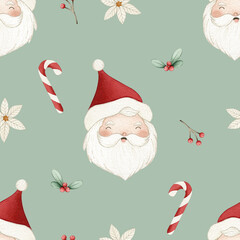 Christmas Watercolor seamless pattern illustration on mint green background with Santa Claus head, candy cane, white poinsettia, and holly berries, cute holiday elements for kids party, fabric