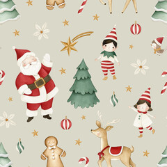 Christmas Watercolor seamless pattern illustration on light beige background with Santa Claus, reindeer, gingerbread man, elf, Christmas tree, and star, cute holiday elements for kids party, fabric
