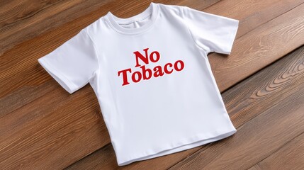 A white t-shirt with a bold "No Tobacco" graphic, laid flat on a wooden table
