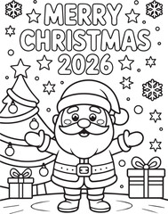Santa Claus celebrates Christmas 2026 near a Christmas tree and gift boxes in outline