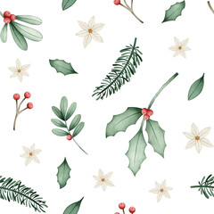 Christmas Watercolor seamless pattern illustration on white background with holly, mistletoe, pine branches, white poinsettia, and red berries, cute holiday elements for kids party, invitation, cards