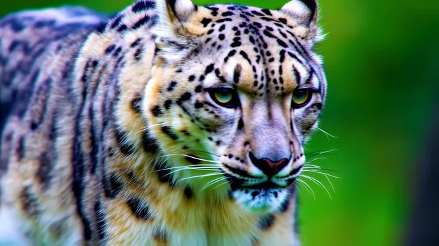 Snow Leopard Stalking in Greenery - A Majestic Wildlife Encounter.