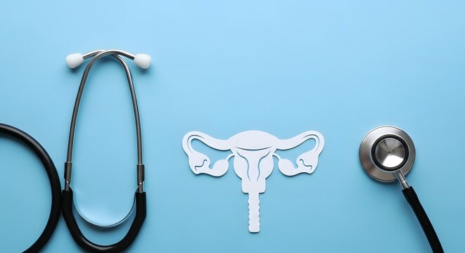 World Ovarian Cancer Day Uterus Symbol with Stethoscope on Blue Background Medical Healthcare Concept