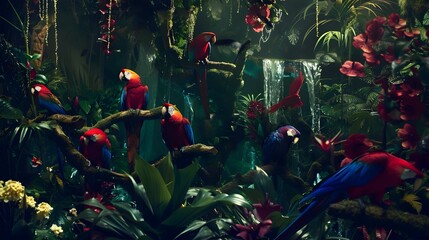 Group of colorful parrots perched on lush rainforest branches