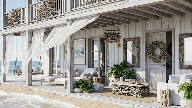 Beach house with driftwood decor and ocean view. - Powered by Adobe