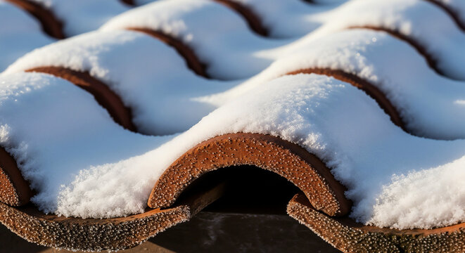 Snow on curved roof tiles symbolizing seasonal stillness