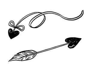 Two arrows with heart and ribbon bow in doodle sketch style. Black and white hand drawn outline art ideal for Valentines Day design or concept romantic card. Good for stationery decoration.
