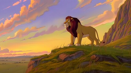 Majestic lion standing on a grassy hill at sunset