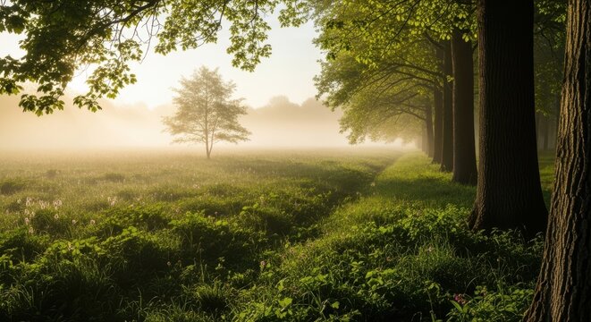 Misty morning light filters through a row of tall trees illuminating a solitary tree standing in a lush green field covered in fog or mist