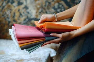 hands gently holding a fan of colorful fabric swatches over a patterned sofa with a bracelet, warm creative and tactile mood