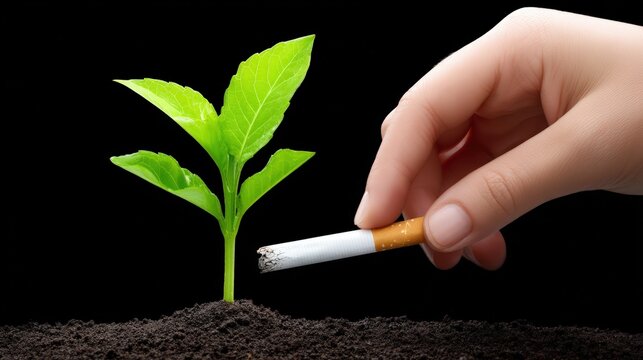 A close-up of a hand crushing a cigarette with a green plant growing beside it