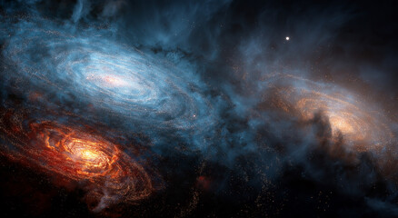 Three Galaxies with Nebula and Red Star in Deep Space Cosmic Landscape