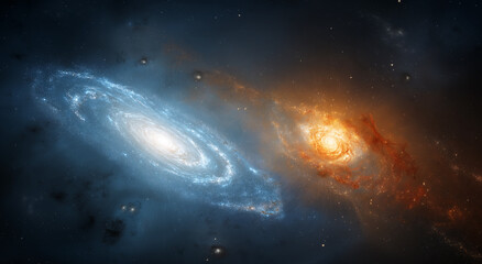 Fototapeta premium Three Galaxies with Nebula and Red Star in Deep Space Cosmic Landscape