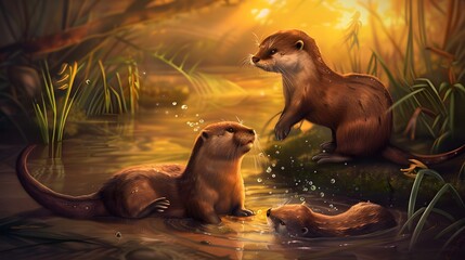 Playful family of otters swimming and splashing in a river