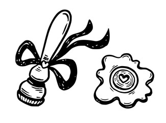 Rubber stamp with heart sign wax seal vector illustration in doodle sketch style. Hand drawn outline art in black and white for love letter design. Great for romantic card. Useful for vintage concept.