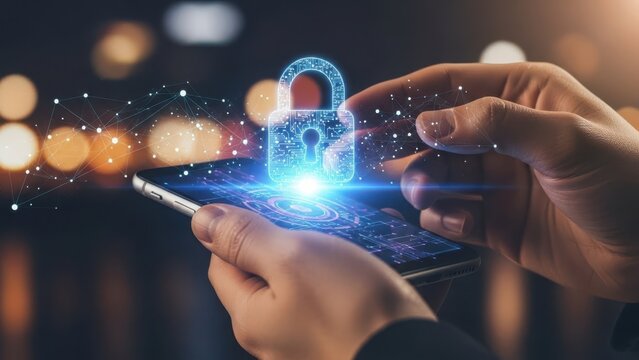 Digital padlock hologram on smartphone screen, cybersecurity concept