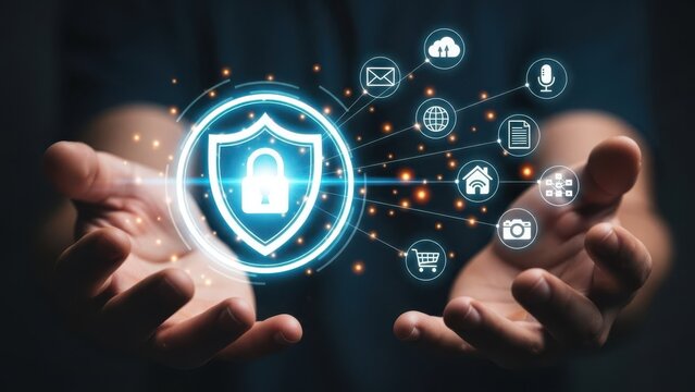 Cyber security concept with shield and network connections