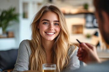 young woman with long blonde hair listening attentively across a table to a seated person holding a pen, glass of water on table, warm cozy home interior, thoughtful calm mood