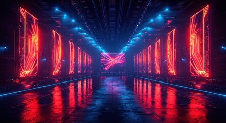 Symmetrical futuristic neon corridor lined with glowing red vertical panels and blue overhead lights, reflective wet floor and distant illuminated screen conveying a moody mysterious awe