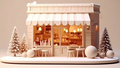 Cozy Winter Miniature Caf&eacute; with Festive Snowy Decorations