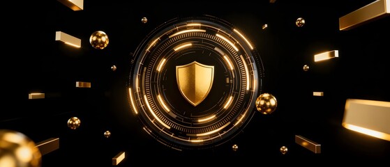 Golden shield in glowing circular interface