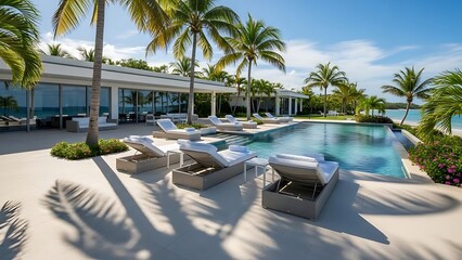 Luxurious beachfront property featuring a swimming pool, lounge chairs, and palm trees under a bright blue sky.