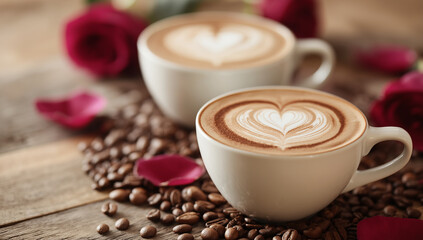 Valentine's Day Coffee Cups with Heart Latte Art on Rustic Wooden Table