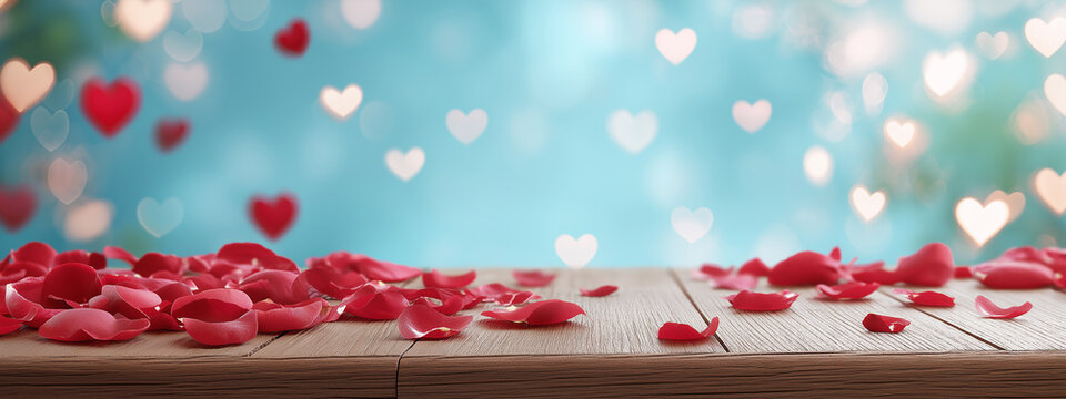 Wooden Table with Red Rose Petals on Blue Background with Heart Bokeh