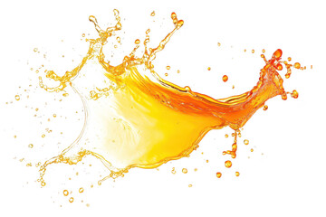 Obraz premium A splash of yellow and orange liquid against a white background. capturing the dynamic motion of fluid in mid-air. ideal for use in creative design and advertising