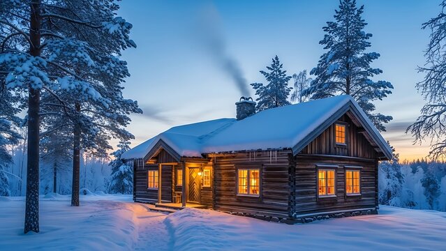 Old wooden house in a snowy mountain landscape with forest and blue sky - Powered by Adobe