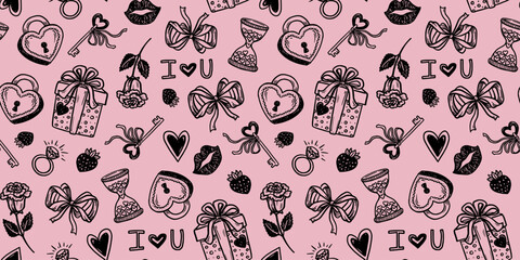 Valentine Day seamless pattern with coquette bow and rose in doodle sketch style. Black on pink hand drawn outline with cute romantic elements. Ideal for wedding card background or wallpaper print.