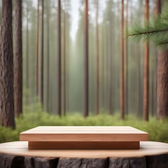 Wooden platform pedestal for displaying goods against the background of a beautiful pine forest
