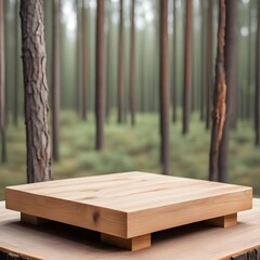 Wooden platform pedestal for displaying goods against the background of a beautiful pine forest