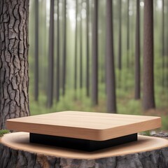 Wooden platform pedestal for displaying goods against the background of a beautiful pine forest