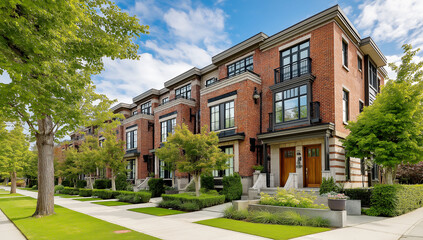Obraz premium Modern Townhouses with Lush Lawns and Landscaping in Vancouver Street View